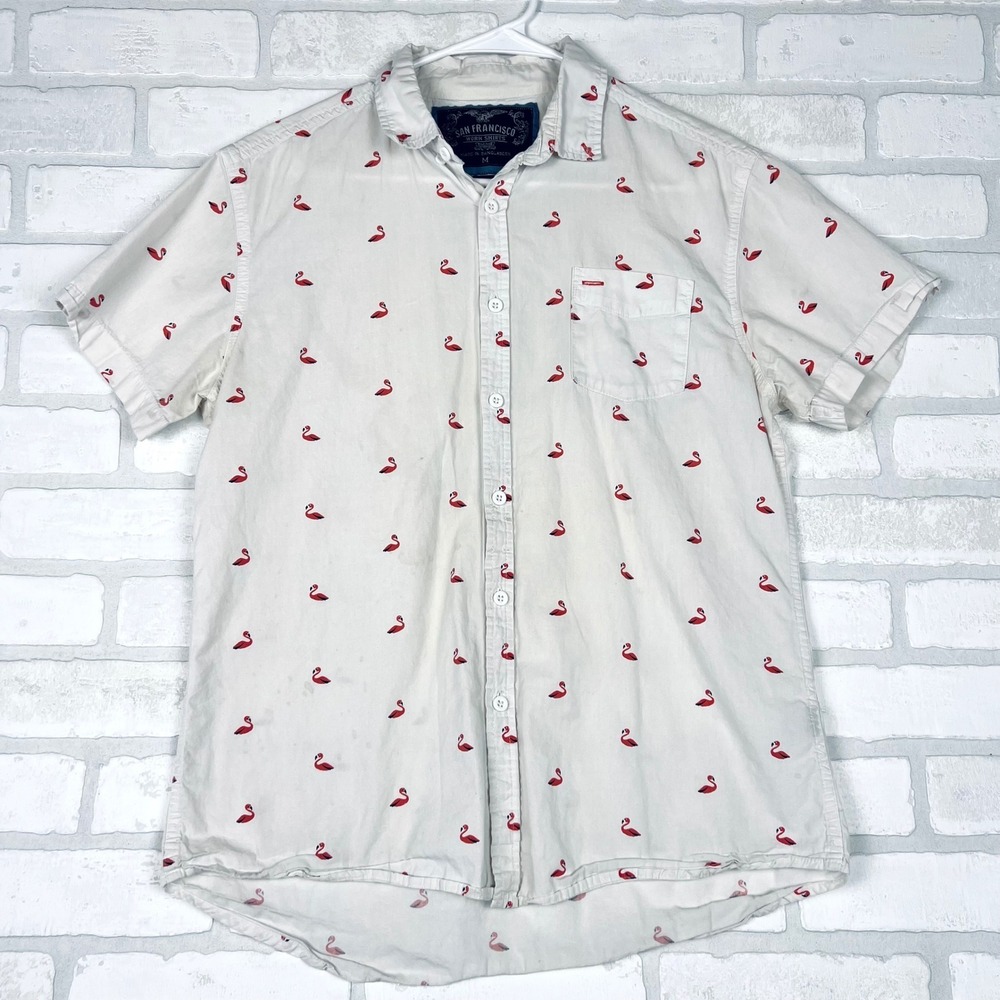 San Francisco Work Shirts Mens Medium White Flamingo Print Slim Fit Button Down